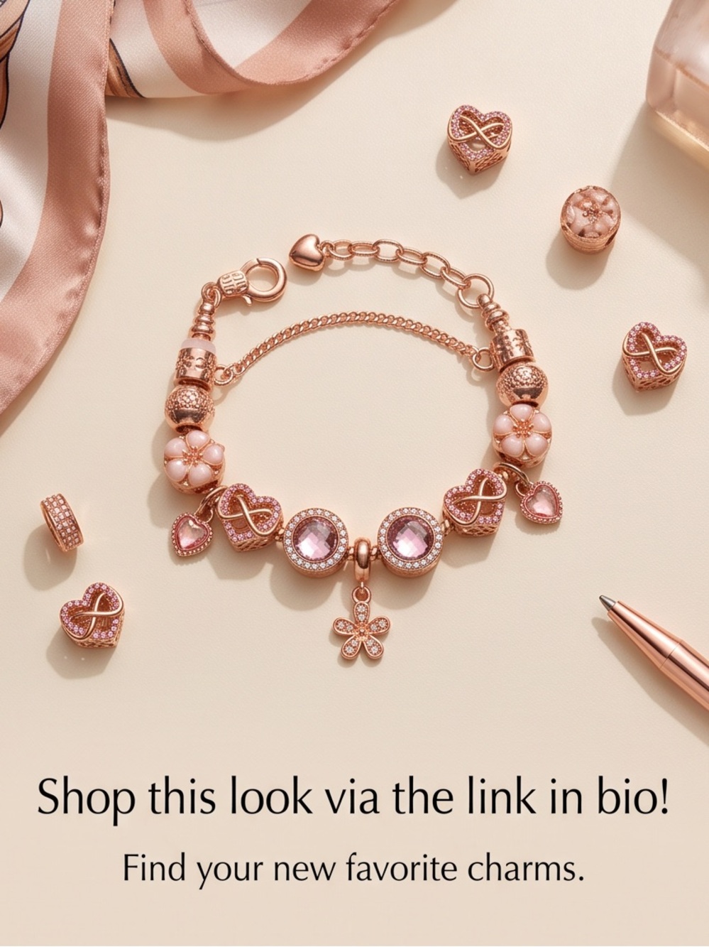 Elegant Rose Gold Floral & Crystal Charm Bracelet (6"-8" Adjustable)